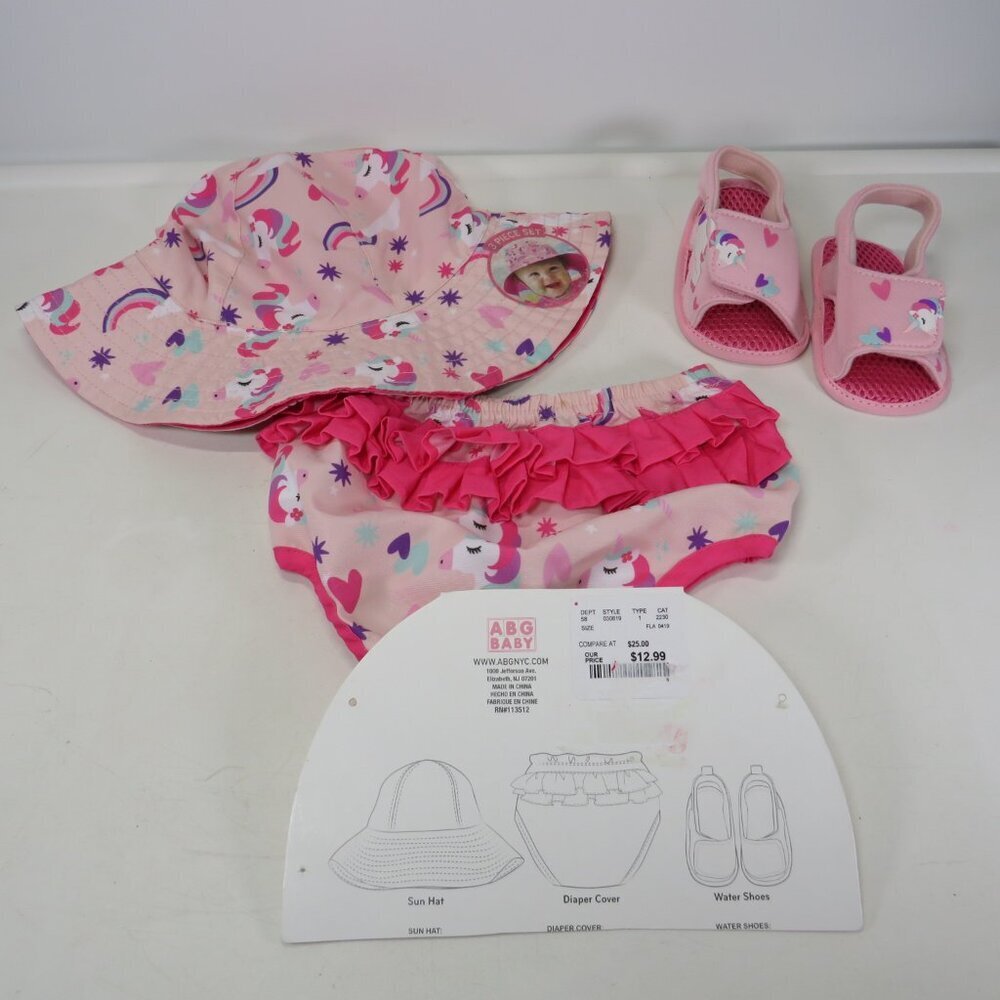 Baby Pink Diaper Cover, Sunhat & Shoes White Horses Pink Cap Hat